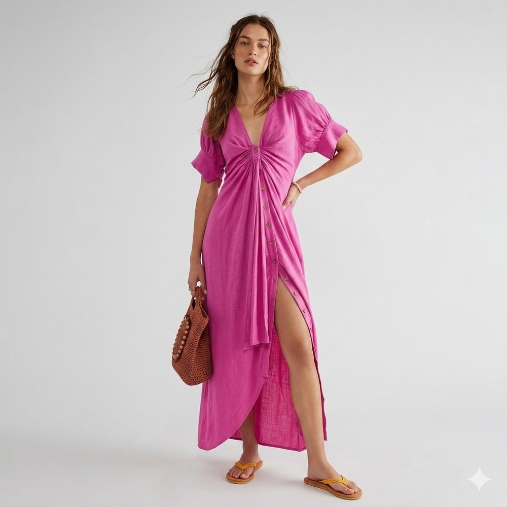 Free People Sea Ya Later Maxi Spring Dress Candy Pink Linen XS NEW